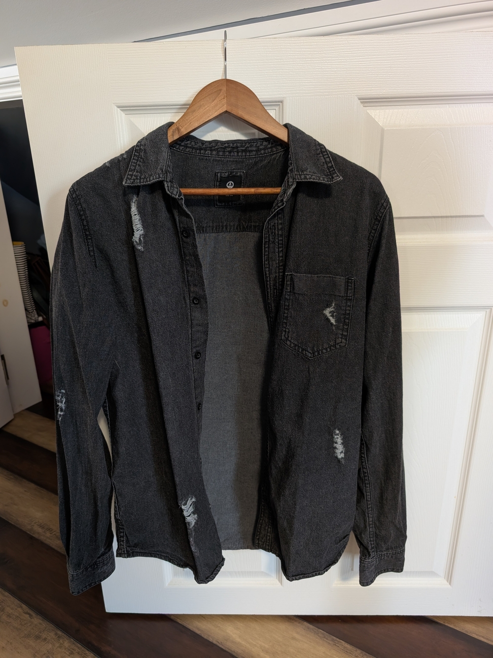Distressed Black Denim Button Up Shirt